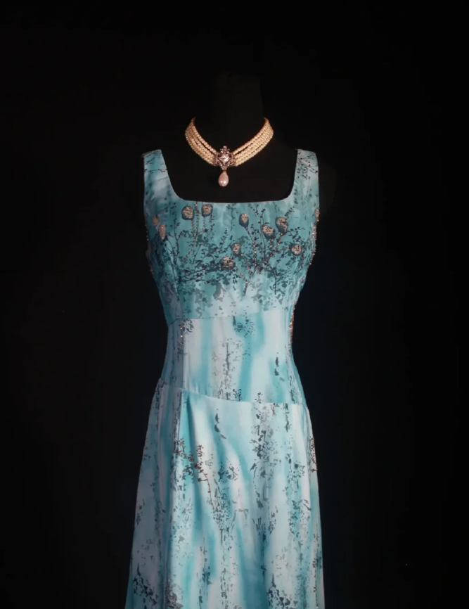 Vintage Square Neck Blue Chiffon Beaded Long Prom Dress Birthday Party Dress