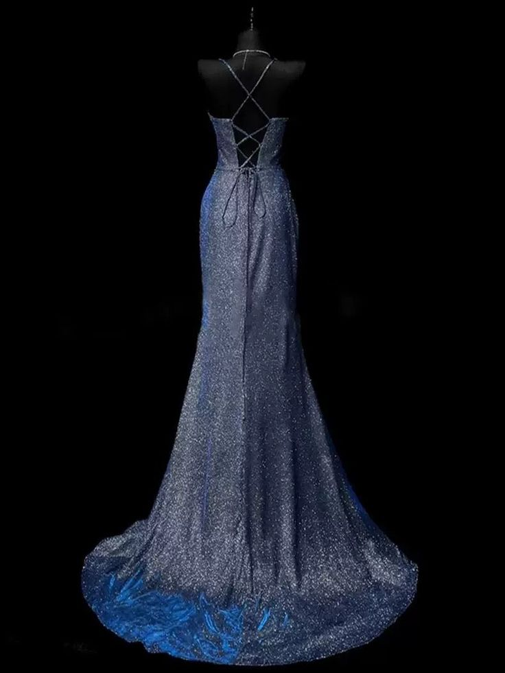 Pretty Mermaid Spaghetti Straps Navy Blue Satin Slit Party Dress