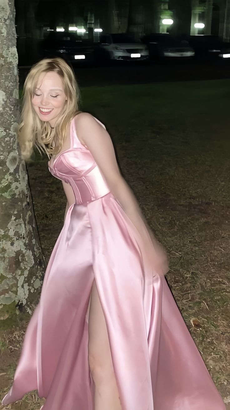 Gorgeous Pink Satin Slit Backless Evening Dress,A Line Prom Party Dress