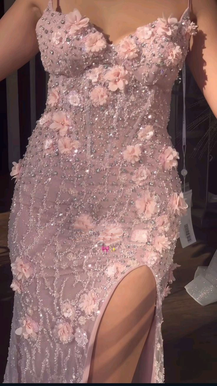 Gorgeous Spaghetti Straps Pink Sequin Beaded Slit mermaid Evening Dress Long Birthday Party Dress With 3D Flowers