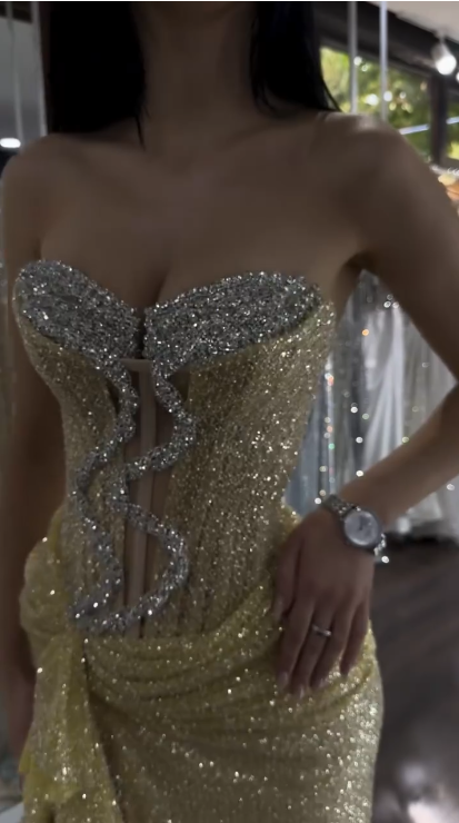 Glitter Strapless Yellow Sequin Beaded Mermaid Slit Evening Dress Formal Birthday Party Dress