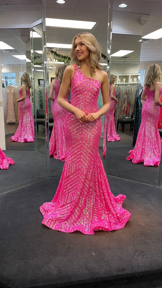 Hot Pink Sequin One-Shoulder Mermaid Long Prom Dress