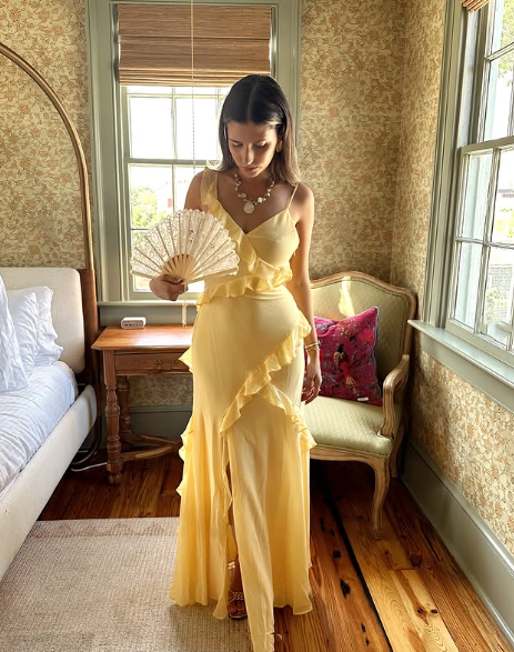Elegant Yellow Spaghetti Straps Ruffle Slit Prom Dress,Long Party Evening Dress