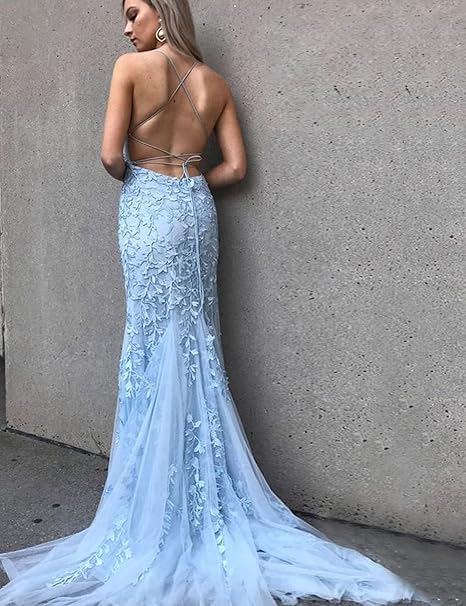 Pink Mermaid Lace Tulle Prom Dress Lace-up Back Evening Dress