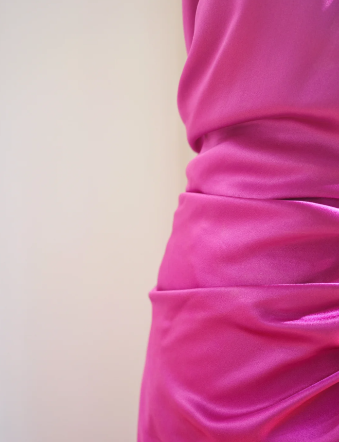 Elegant Halter Hot Pink Satin Pleated Mermaid Long Wedding Guest Dress Party Dress