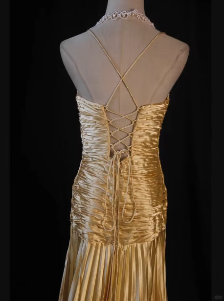 Gorgeous Gold Satin Pleated Party Prom Dress,Formal Evening Gown With Beaded