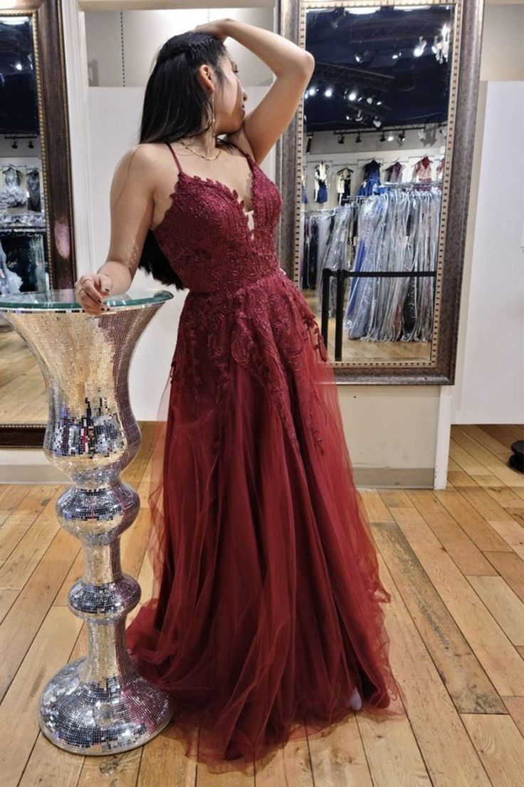 Wine Red Lace Plunge V Lace-Up A-Line Prom Dress