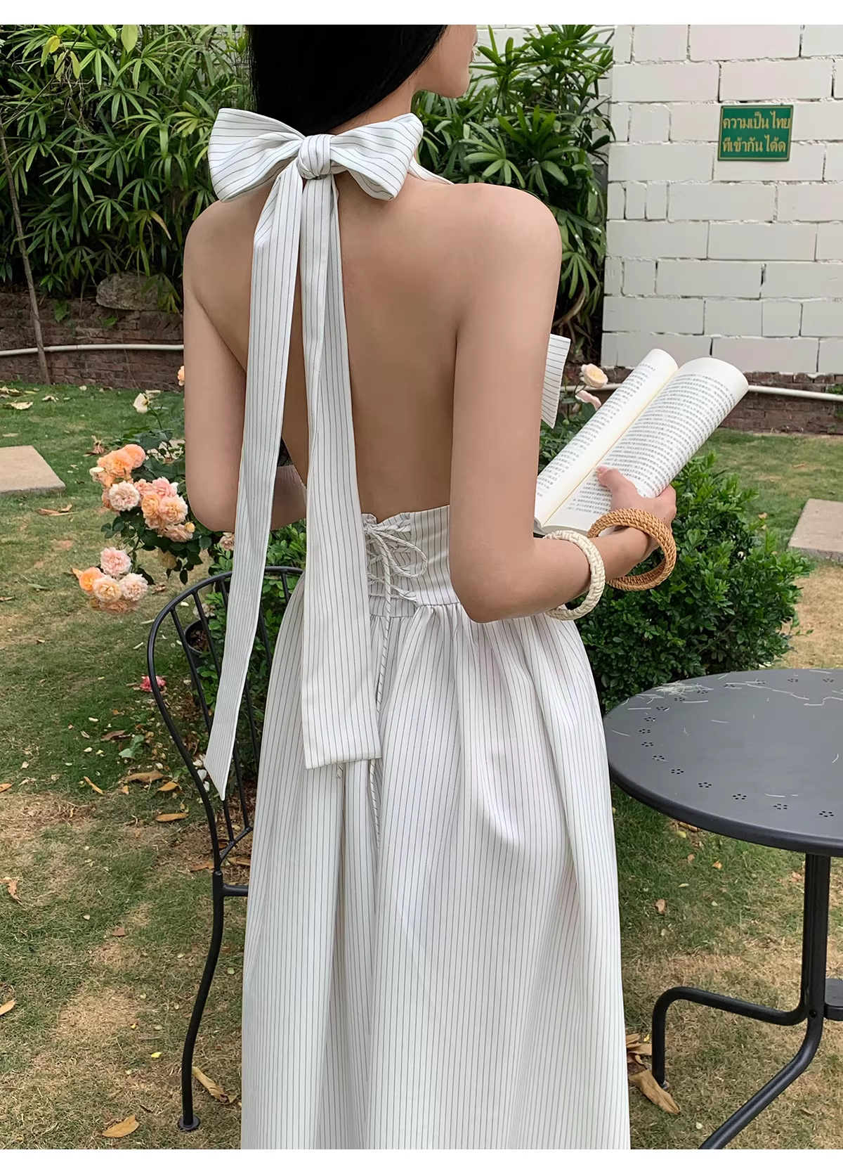 Cute Halter A-Line Black White Striped Butterfly Bow V-Neck Long Evening Dress Birthday Party Gown