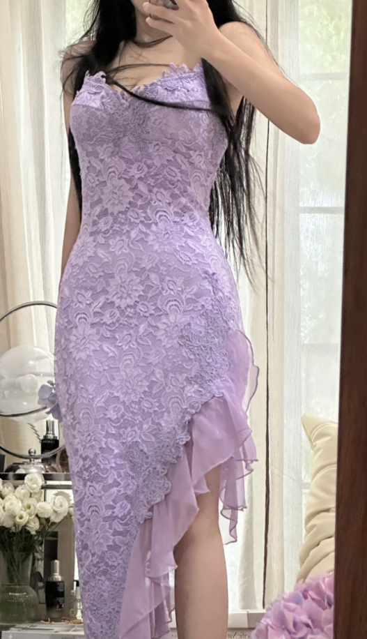 Pretty Spaghetti Straps Lavender V Neck Lace Chiffon Ruffles Long Party Dress Birthday Dress