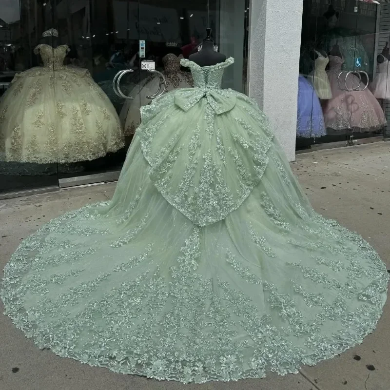 Charming Green Tulle Lace Appliques Ball Gown,off Shoulder Quinceanera Dress Party Birthday Dress