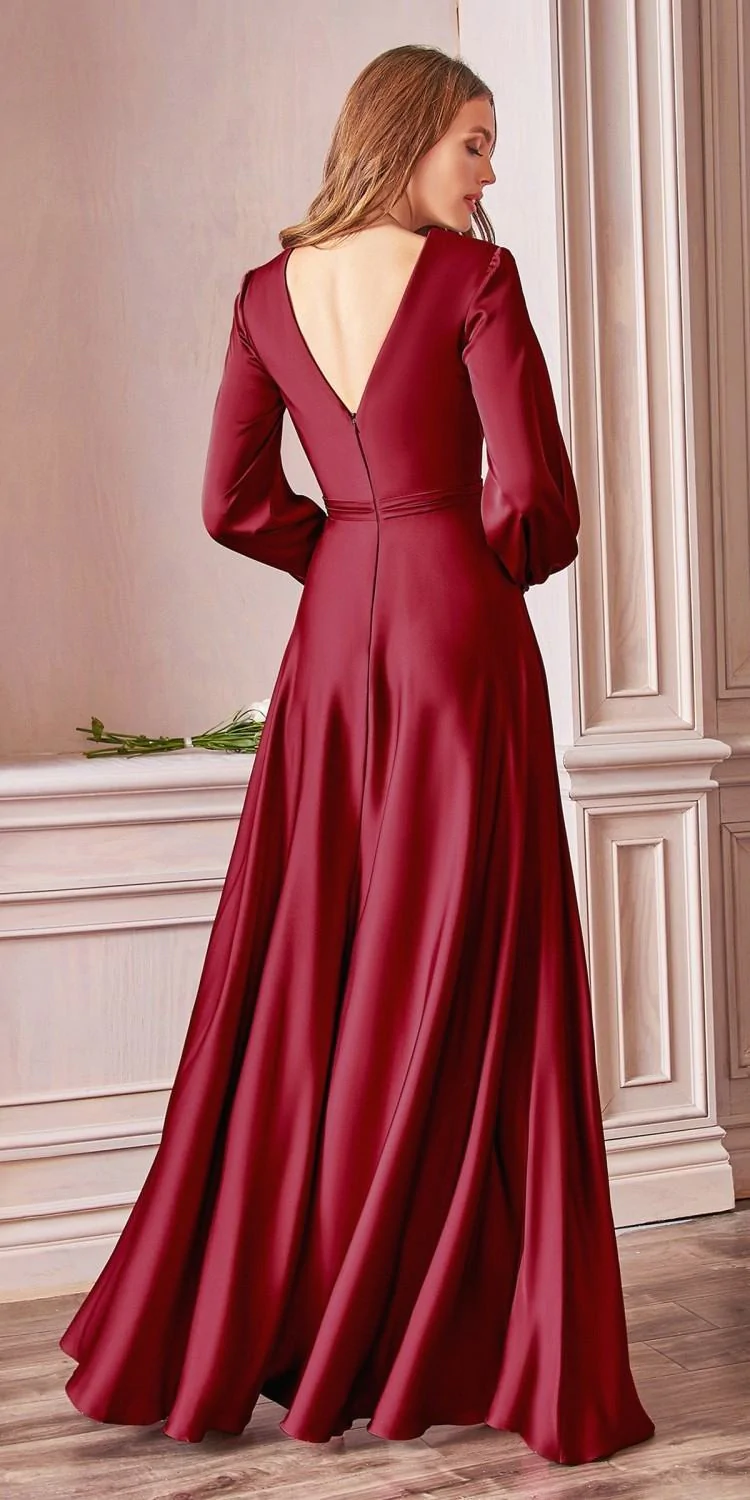 Deep V Neck Long Sleeve Satin Wrap Dress , Prom Dress