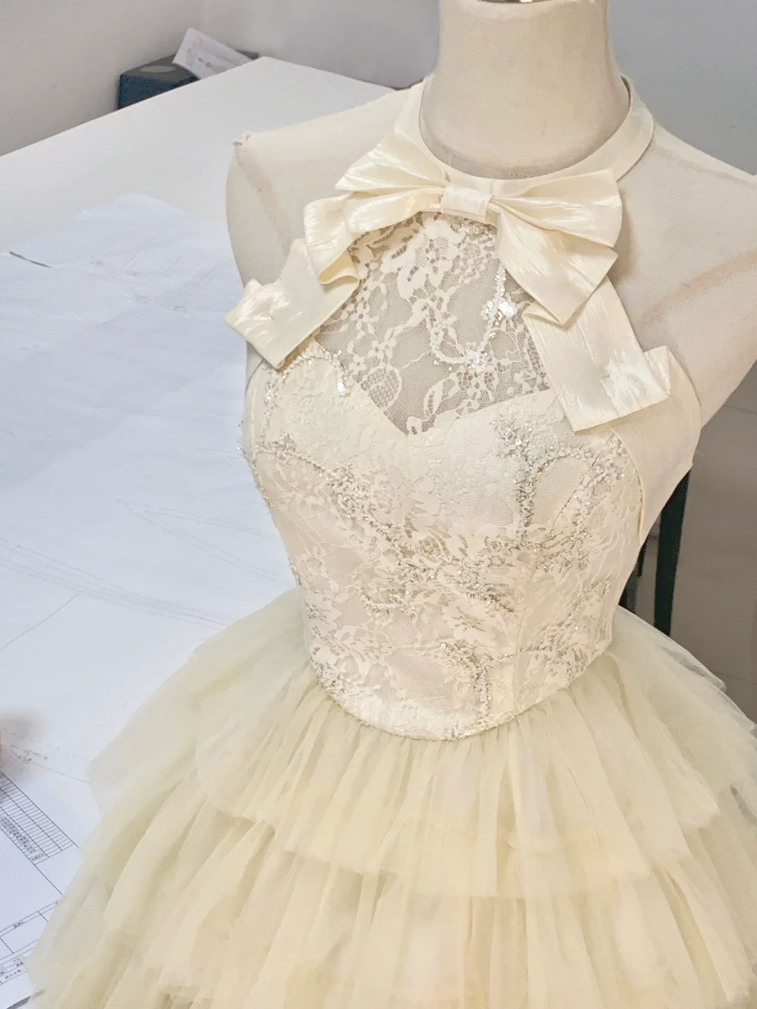 Elegant Off-White Halter Tulle Sequin Layered A Line Short Party Dress Formal 7th Grade Homecoming Dress