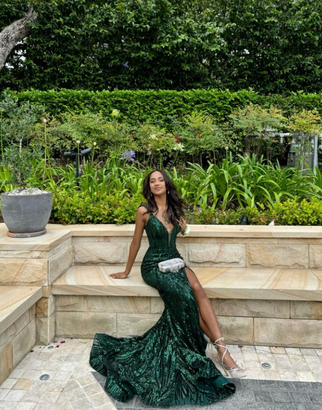 Luxury V Neck Print Mermaid Slit Evening Dress Long Prom Dress