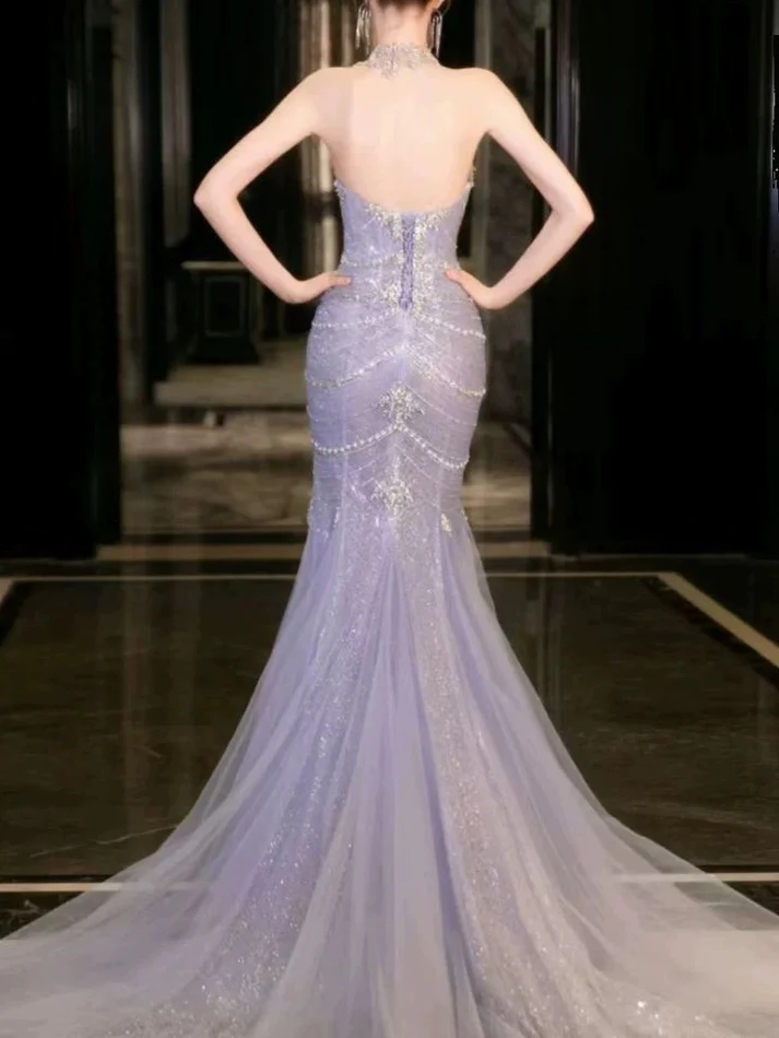 Luxury Lilac Mermaid Strapless Tulle Beaded Long Prom Dress,Evening Dress