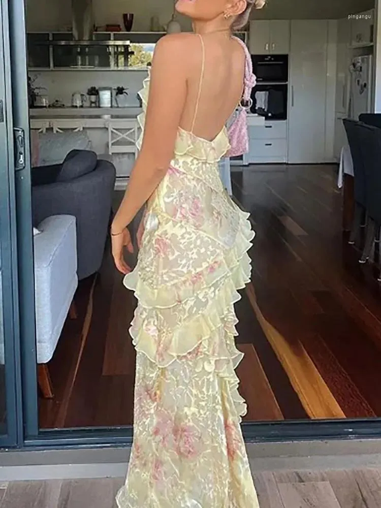 Charming Pink Print Chiffon Ruffles Party Evening Dress Long Prom Dress