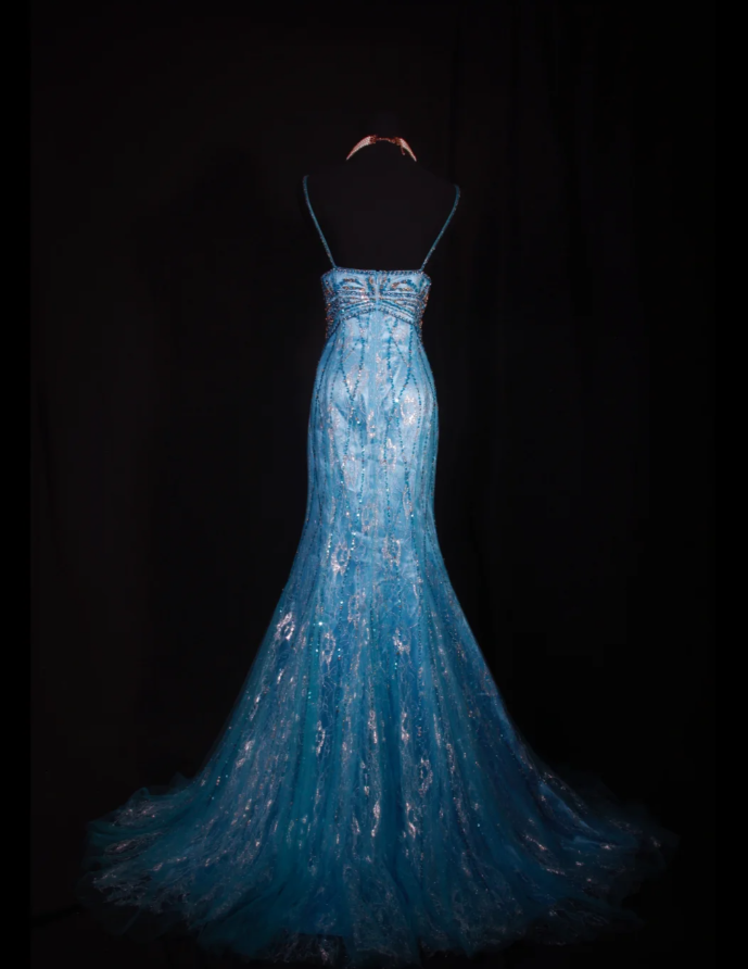 Glamorous Spaghetti Straps Blue Lace Beaded Mermaid Long Evening Dress Party Gown