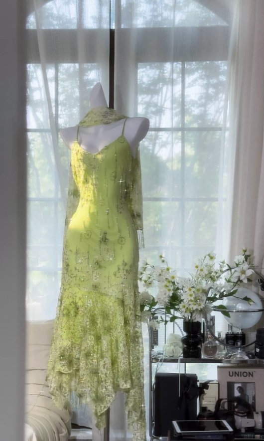 Classy Spaghetti Straps Light Green Chiffon Beaded Mermaid Evening Dress Long Party Dress