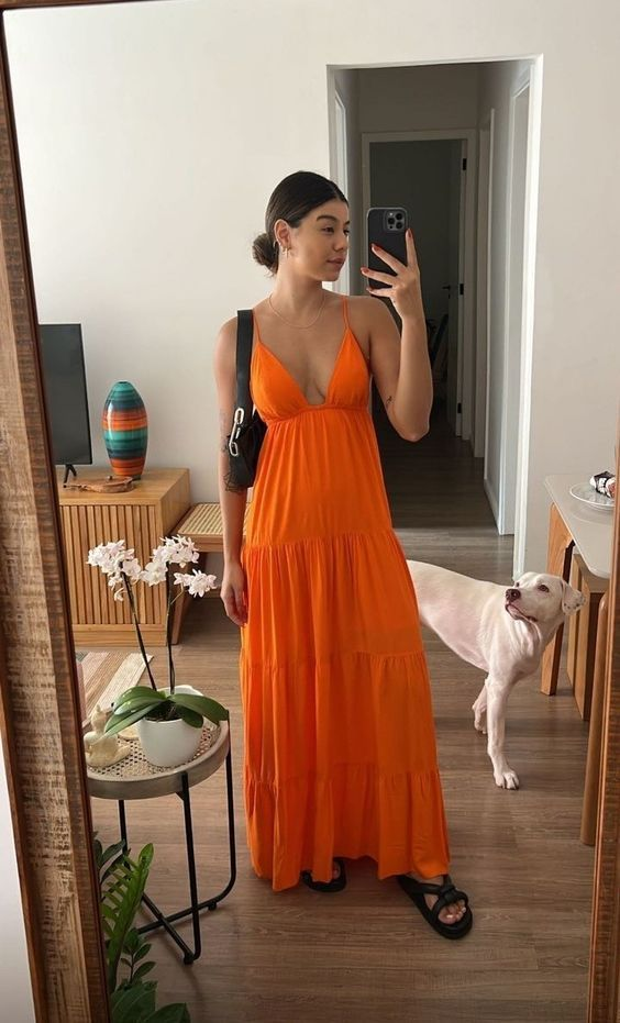 A-line V Neck Orange Chiffon Prom Dress,Orange Beach Dress