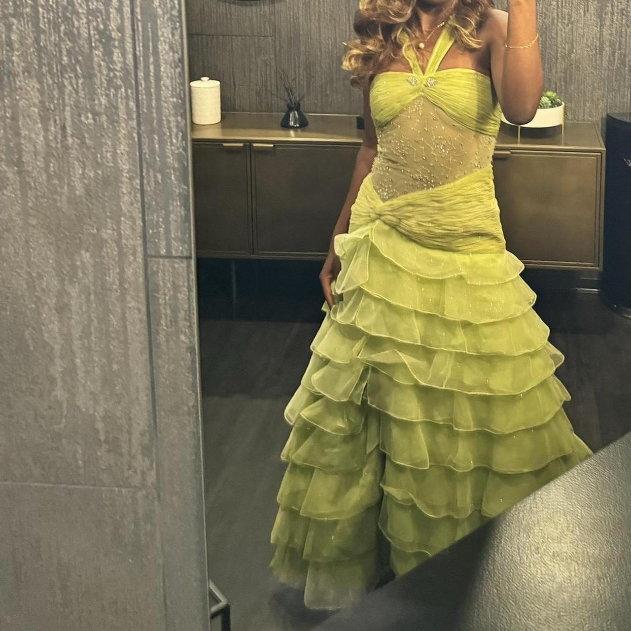 Chic Halter Lemon Green Beaded Tulle Ruffles Layered Slit Long Party Dress Mermaid Evening Gown
