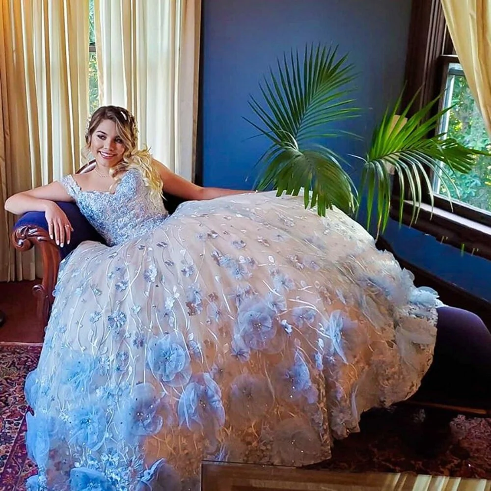 3D Flowers Sequined Quinceanera Dresses Sweet 16 Dress Light Sky Blue Flowers Ball Gown