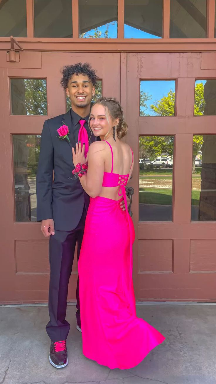sparkly hot pink dress, open back prom dress