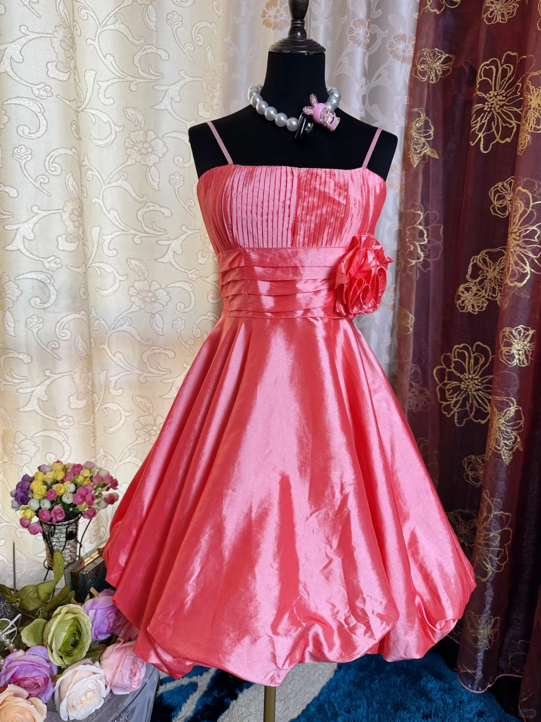 Pretty Spaghetti Straps Pink Satin A Line Homecoming Dress Short 21st Birthday Outfits With Flower