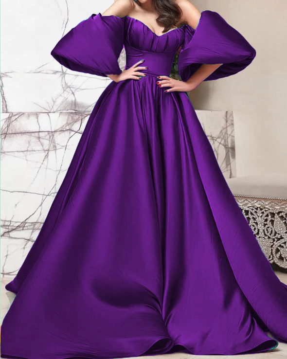 New Puffy Sleeves Prom Dresses Satin Long