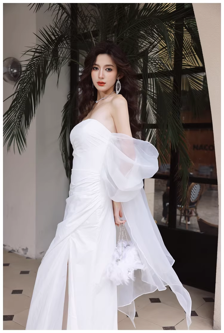 Classy Off The Shoulder White Satin Slit Mermaid Long Party Dress Birthday Evening Dress