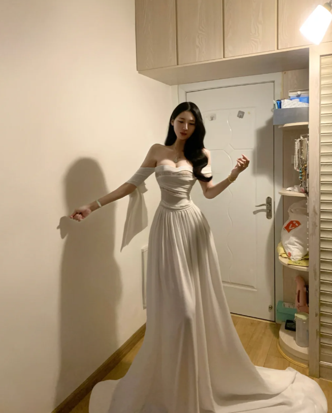 Glamorous Off The Shoulder White Chiffon Long Party Dress Wedding Guest Dress