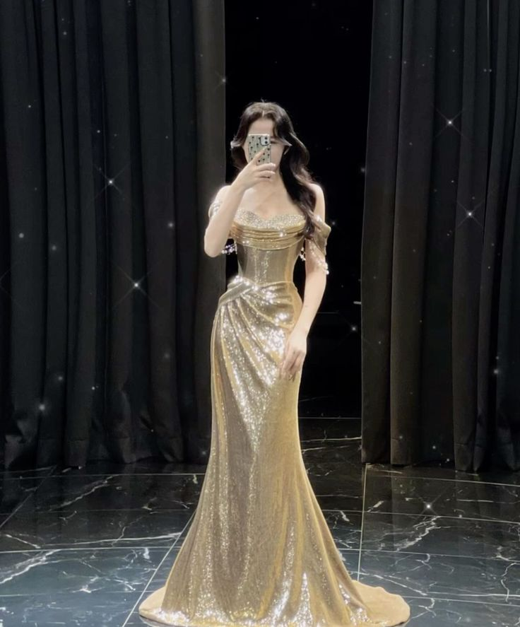 Beautiful Gold Sequin Beaded Evening Dress Off The Shoulder Long Mermaid Prom Dress