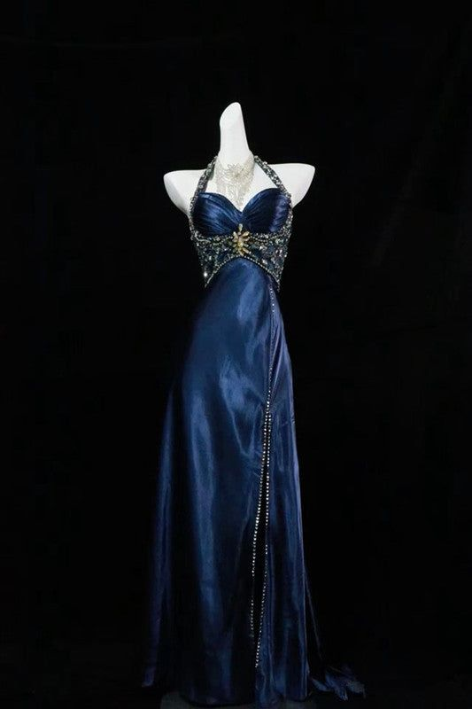 Gorgeous Halter Beaded Navy Blue Prom Dress Slit Party Evening Dress