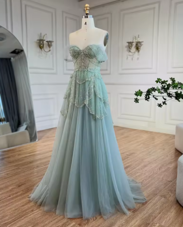 Off The Shoulder Tulle Beaded Evening Dress,Shiny Sage Green Prom Party Dress