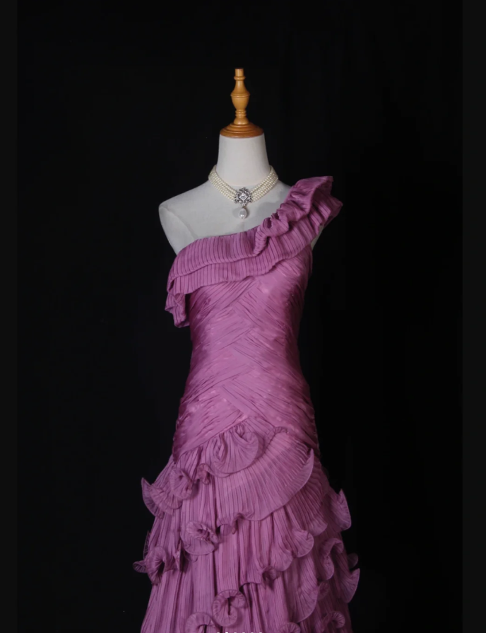 Fairy One Shoulder Purple Chiffon Pleated Ruffles Layered Mermaid Prom Dress Formal Birthday Cake Dress