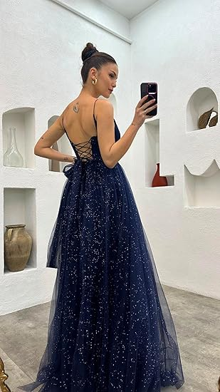 Shiny Navy Blue A-line V Neck Tulle Prom Dress With Slit