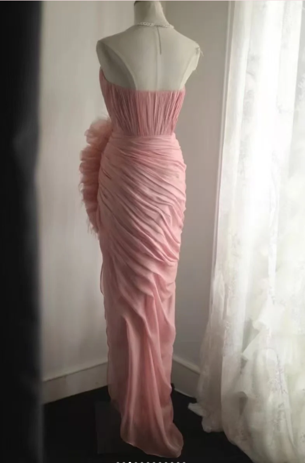 Pretty Pink Strapless Chiffon Pleated Slit Long Party Dress Evening Dress