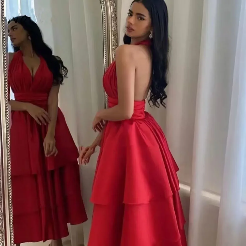Red Prom Dresses Saudi Arabia Dubai Evening Dress V-Neck Tiered A-Line Sleeveless Floor-Length
