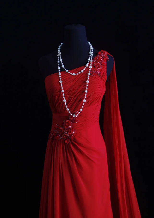 Classy Red One Chiffon Pleated Beaded Mermaid Long Evening Dress Formal Wedding Guest Dress