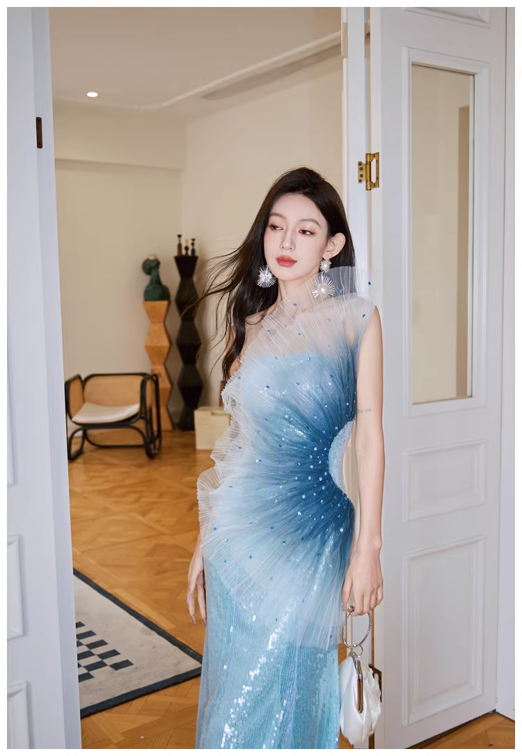 Glamorous Blue Tulle Sequin Mermaid Long Evening Dress Formal 19th Birthday Outfits With Beads