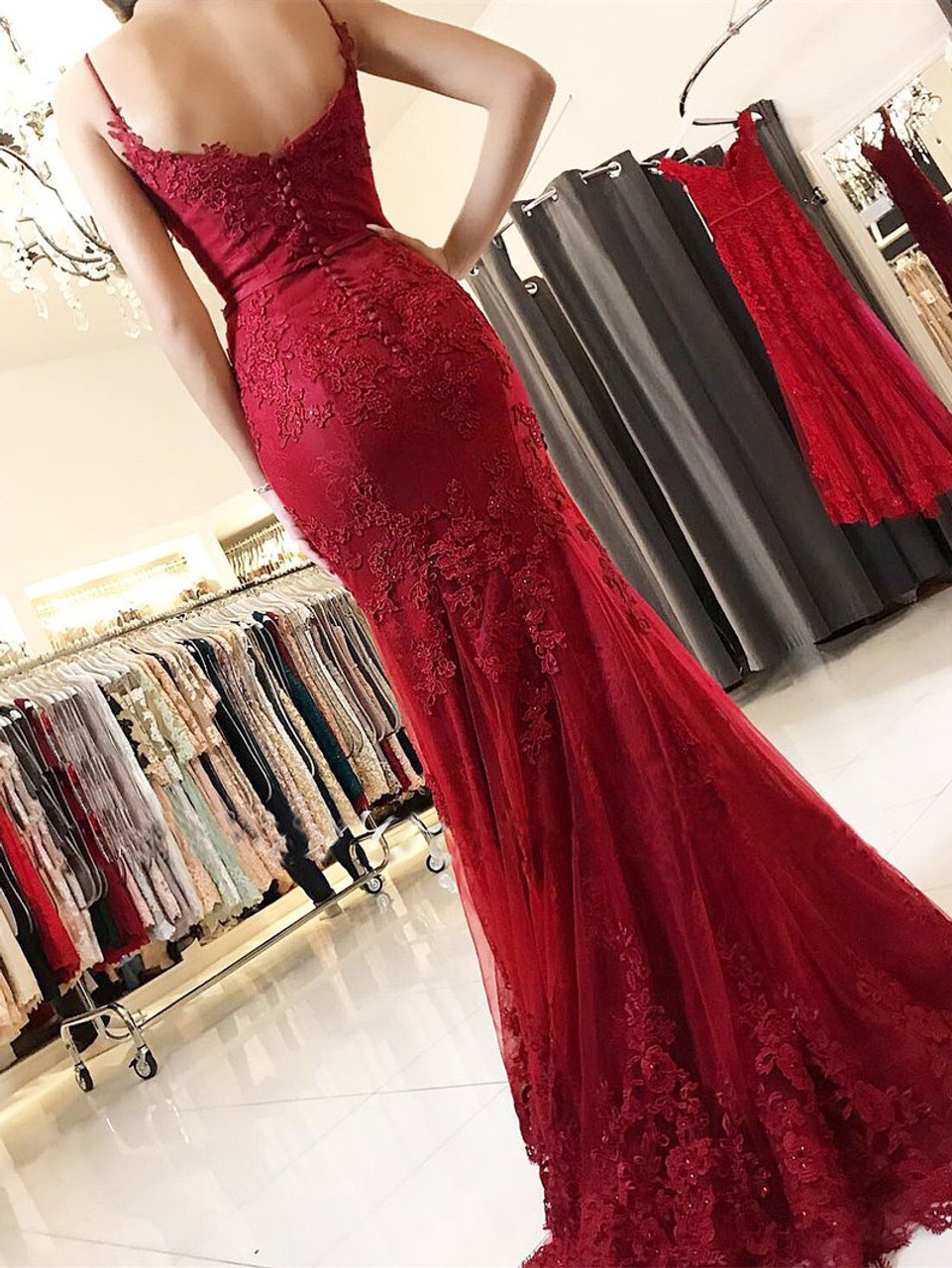 Spaghetti Strap Burgundy Lace Appliqued Mermaid Prom Dresses
