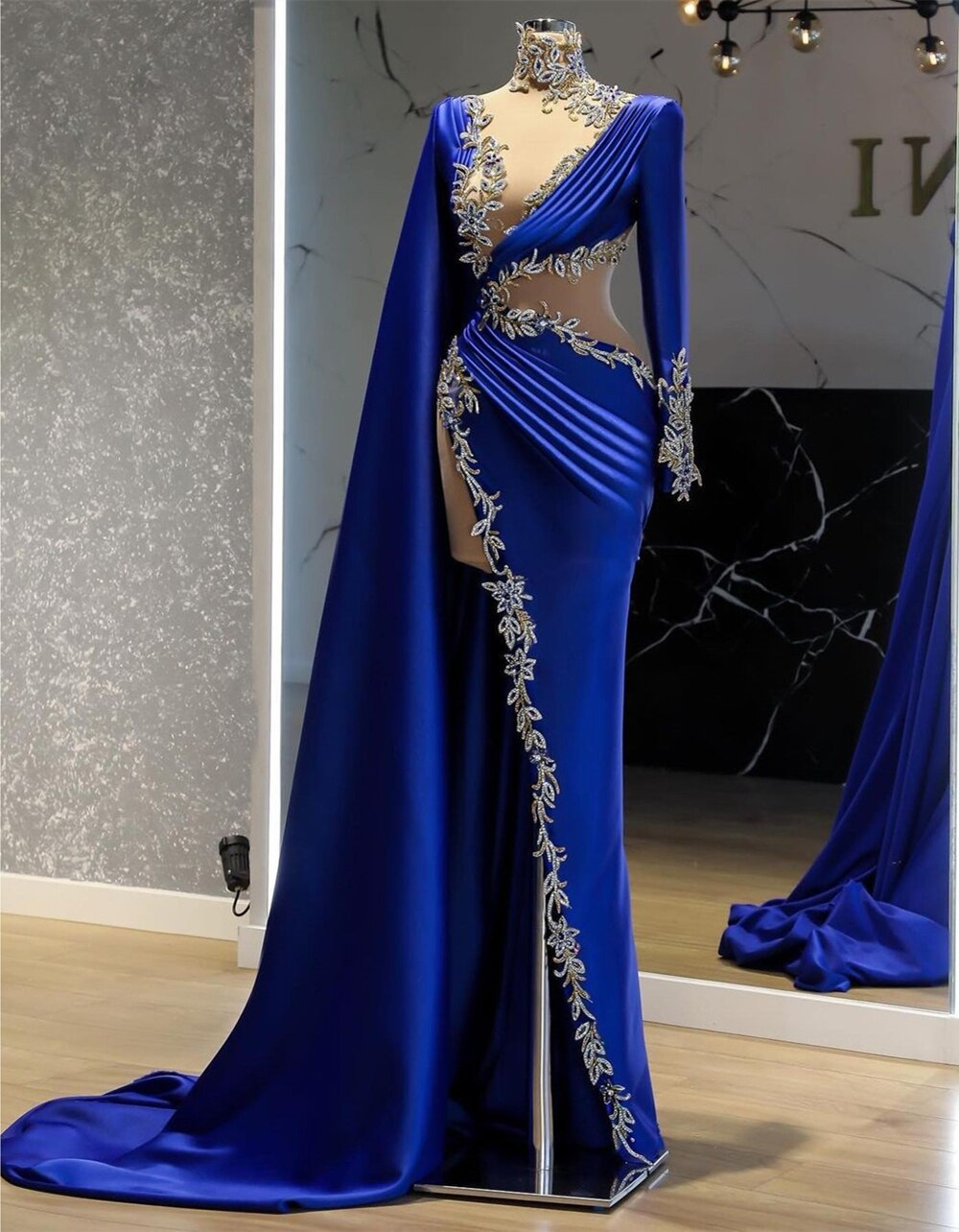 royal blue prom dresses, high neck prom dresses, Women Evening Dress Long Sleeve Blue Lace Appliques High Slit Arabic Style Prom Dress