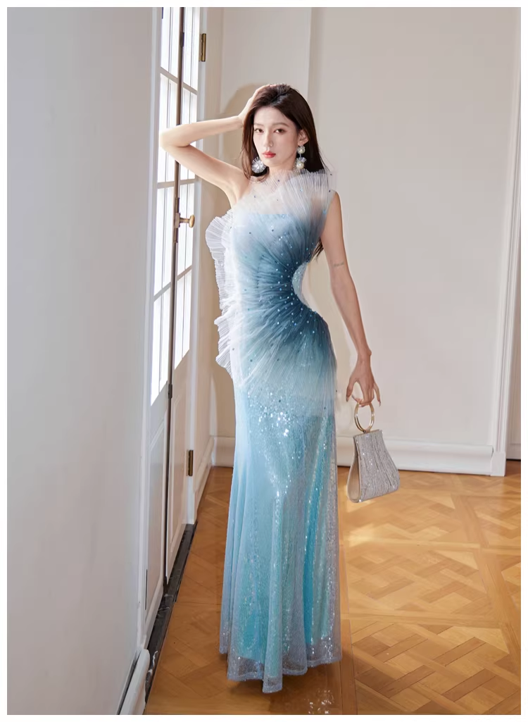 Glamorous Blue Tulle Sequin Mermaid Long Evening Dress Formal 19th Birthday Outfits With Beads