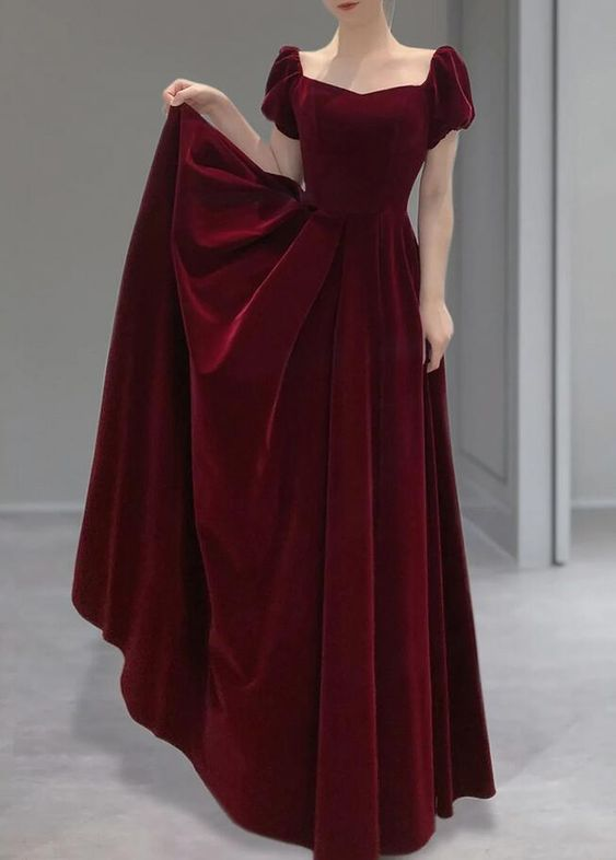 A Line Burgundy Velvet Long Prom Dresses