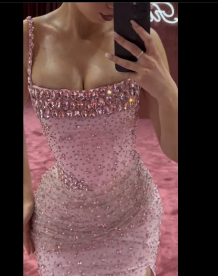 Gorgeous Pink Beaded Mermaid Slit Prom Dress Evening Dress