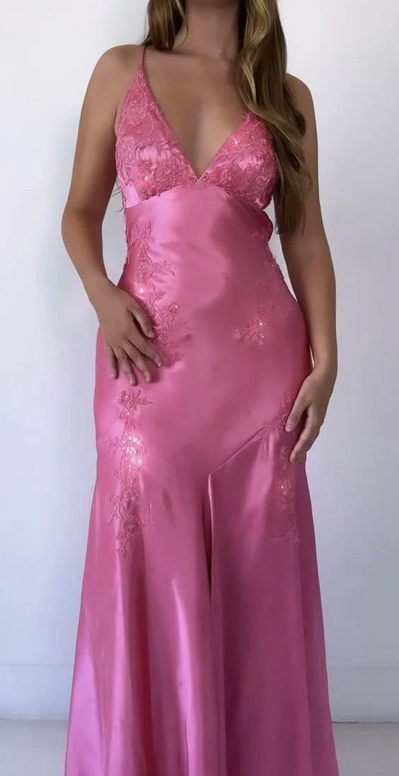Unique Pink Satin Beaded Mermaid Evening Dress Long Prom Dress