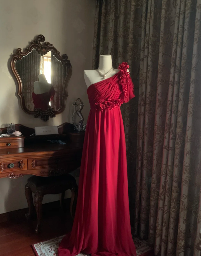 Elegant One Shoulder Red Chiffon Long Wedding Guest Dress Formal Birthday Prom Dress Evening Dress With Flowers