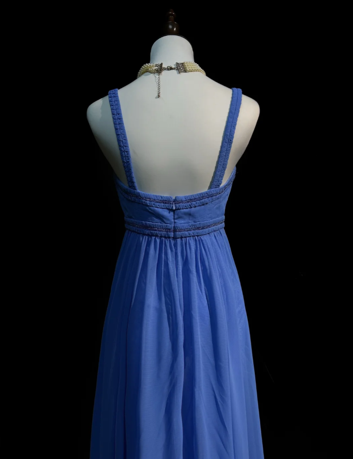 Elegant Spaghetti Straps Blue Chiffon Beaded Long Wedding Guest Dress Formal Birthday Prom Dress Evening Dress