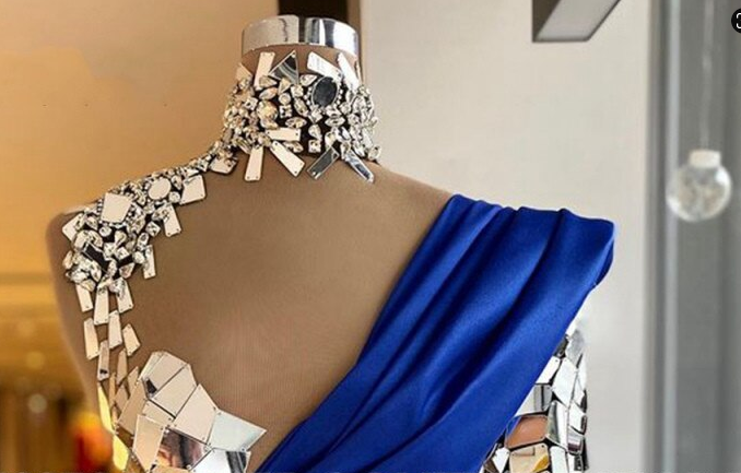 high neck crystal evening dresses long sleeve royal blue modest unique luxury sexy formal evening gown