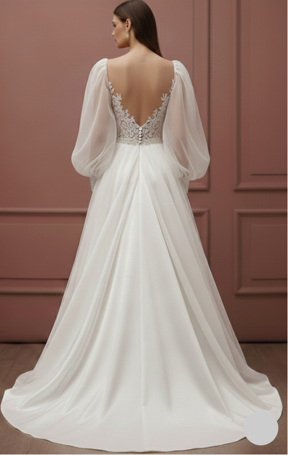 Long Puffy Sleeve Wedding Dress Romantic Classic Bridal Gown