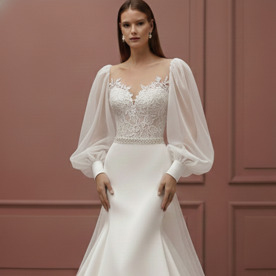 Long Puffy Sleeve Wedding Dress Romantic Classic Bridal Gown