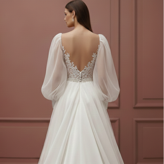 Long Puffy Sleeve Wedding Dress Romantic Classic Bridal Gown